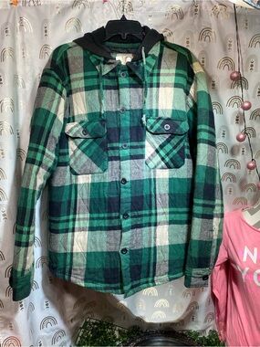 OP Green and Black Plaid Hooded Flannel Jacket